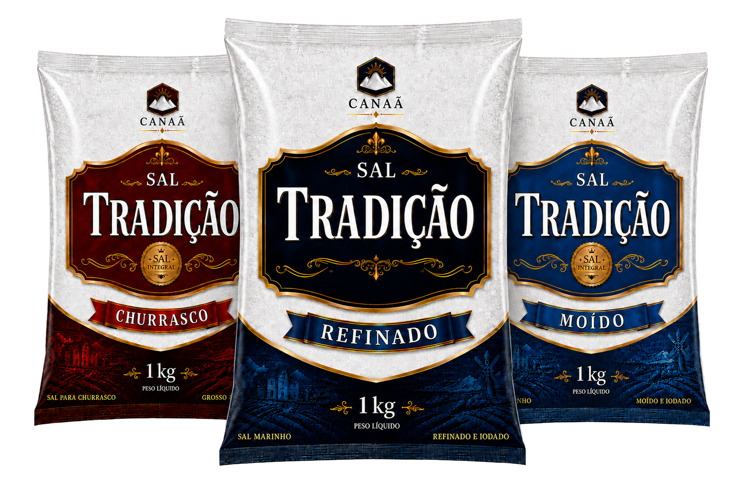 Embalagens dos sais Tradição Churrasco, Refinado e Moído